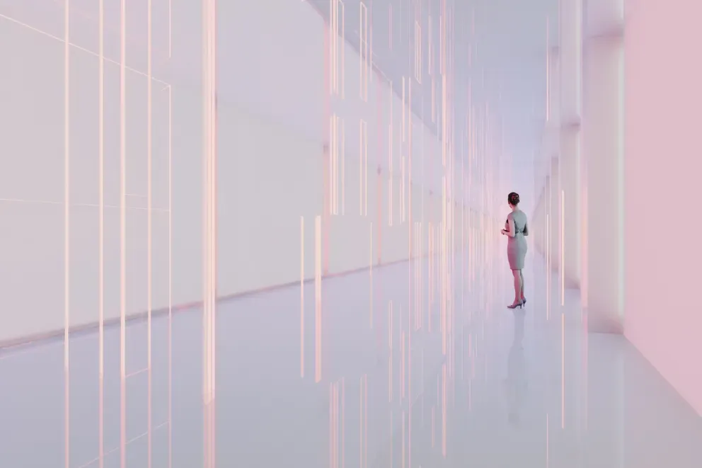 person standing in futuristic environment person standing in futuristic environment
