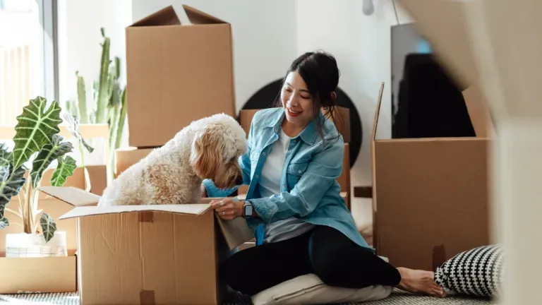 Woman with dog and moving boxes Woman with dog and moving boxes