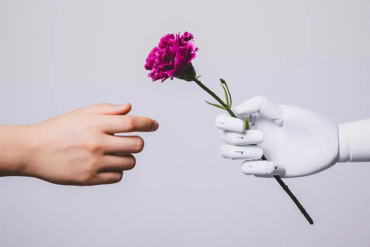 Giant Robot Holding a Bouquet of Flowers and Walking through a