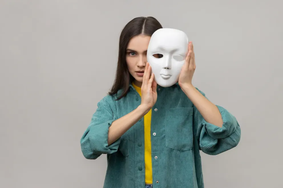 woman hiding behind face mask woman hiding behind face mask