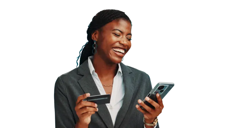 Woman holding a phone and a credit card Woman holding a phone and a credit card
