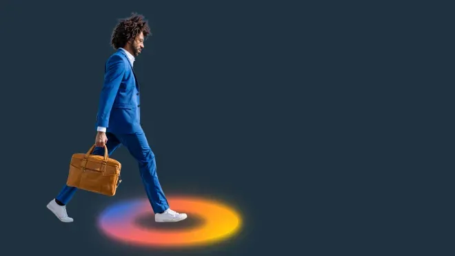 business person stepping into FICO O logo business person stepping into FICO O logo