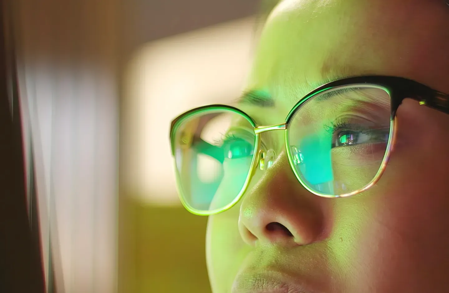 Close-up of a person wearing glasses with a green screen reflection on the lenses. Close-up of a person wearing glasses with a green screen reflection on the lenses.