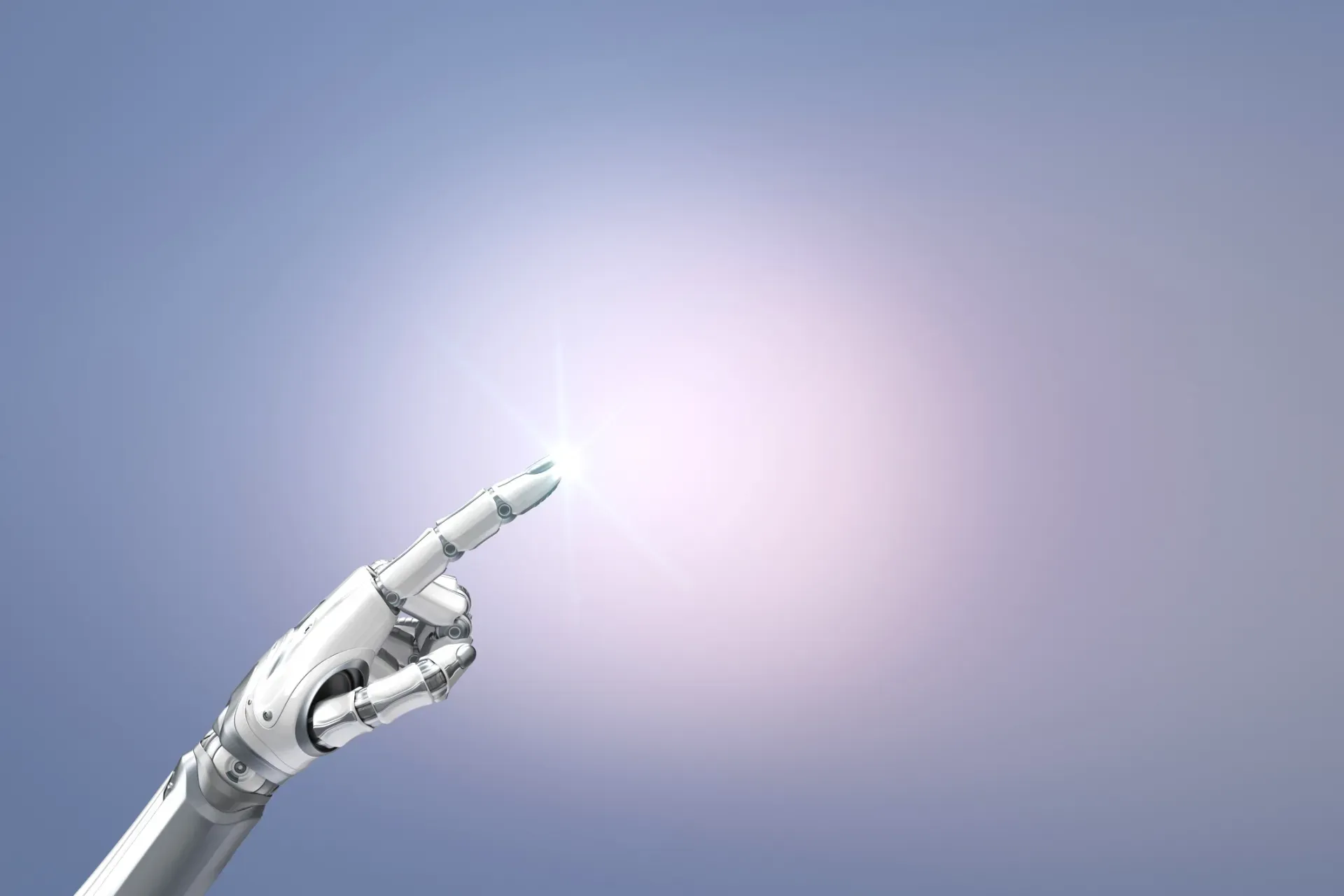 Robotic silver hand pointing toward a glowing light against a soft blue-gray background. Robotic silver hand pointing toward a glowing light against a soft blue-gray background.