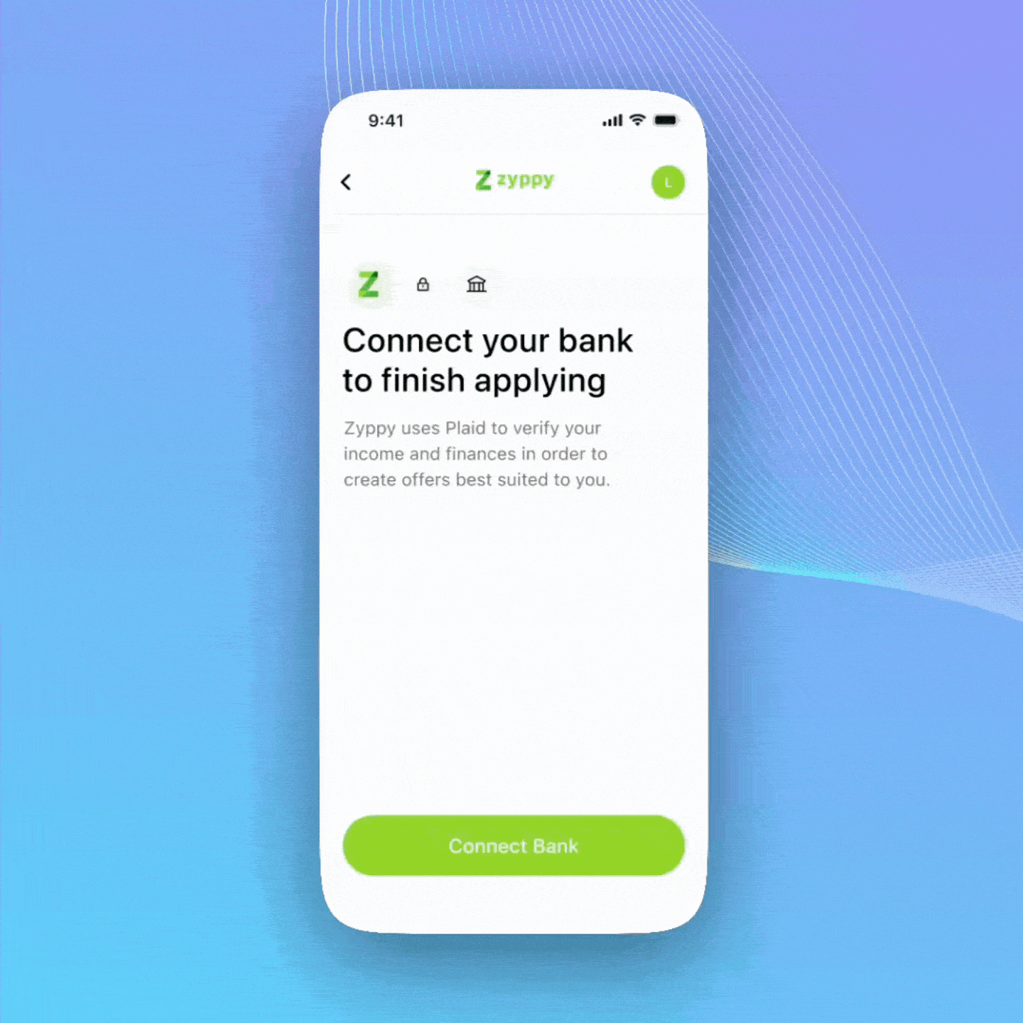 Animated demonstration of an approval flow: a bank account is connected, a phone number is entered, and a prequalification result is received.